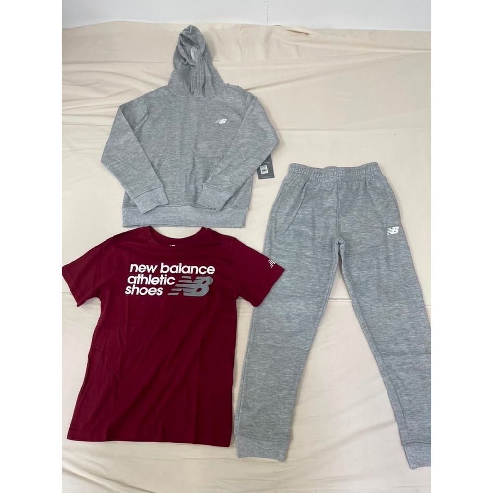 New Balance Kids 3 Piece Set Hoodie Joggers T-Shirt Grey Maroon Size 10